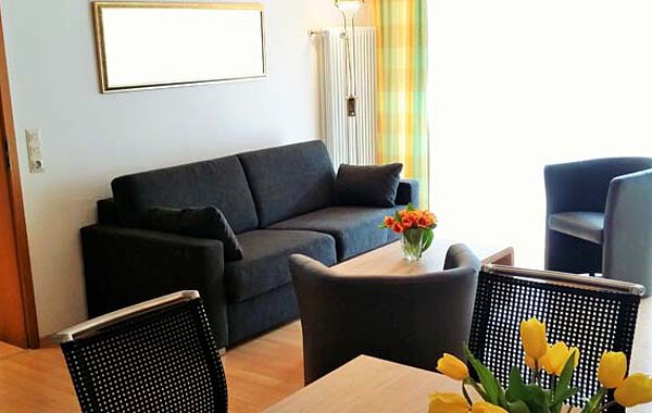 Gemütliches Wohnzimmer mit grauem Sofa, zwei Sesseln und Holztisch, auf dem eine Vase mit roten Blumen steht. Helle Vorhänge und natürliche Lichtquelle schaffen freundliche Atmosphäre.