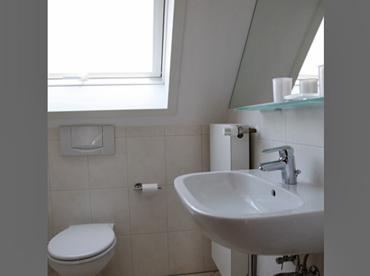 Badezimmer Badezimmer mit weißem Waschbecken, Spiegel, WC und Fenster in einer schrägen Wand. Einfach und funktional eingerichtet.